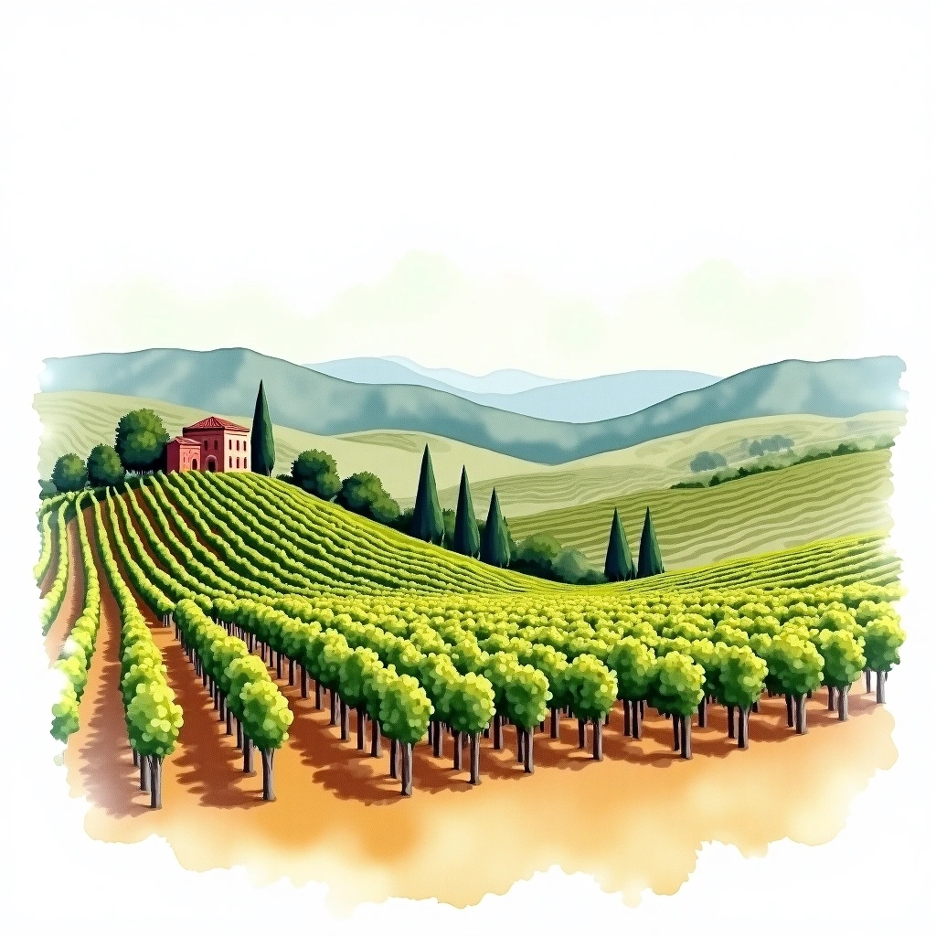 Barbera d'Alba wine region — watercolor illustration