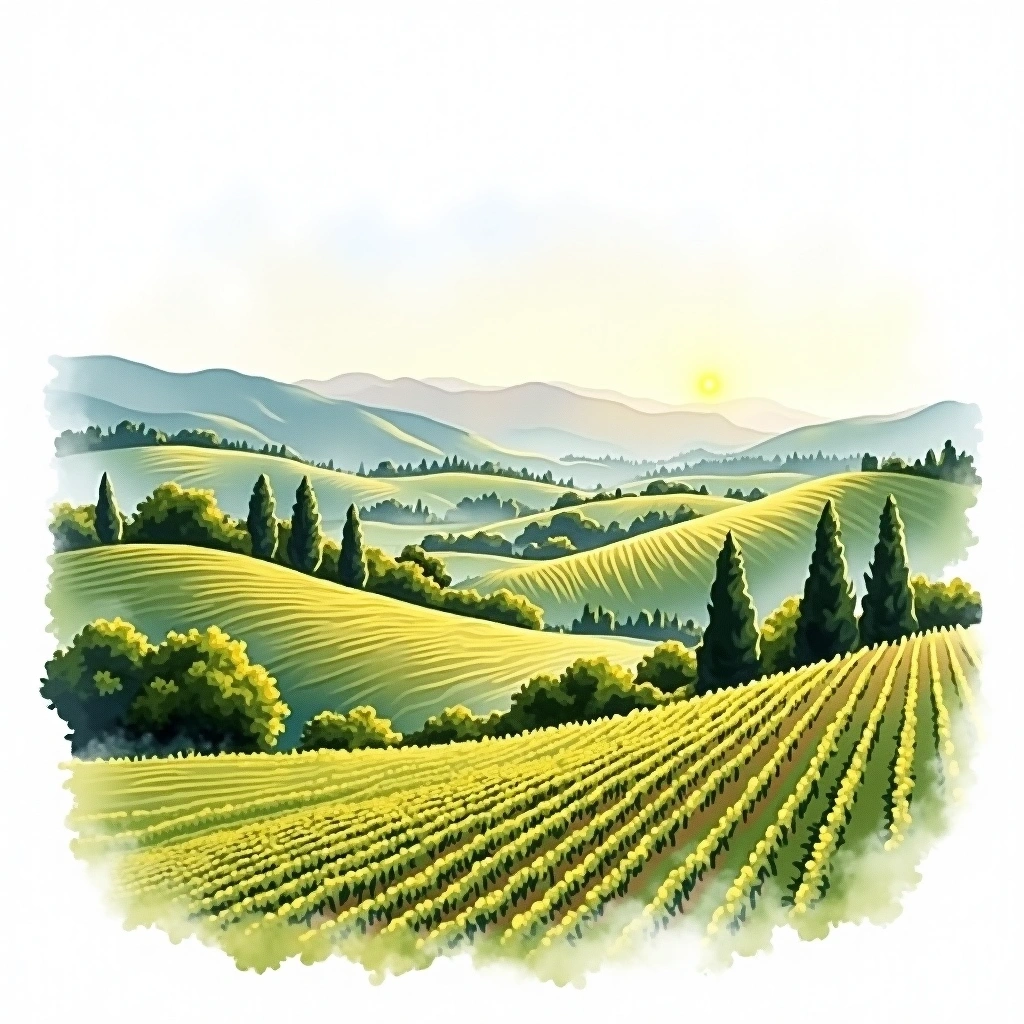 Barbera del Monferrato wine region — watercolor illustration