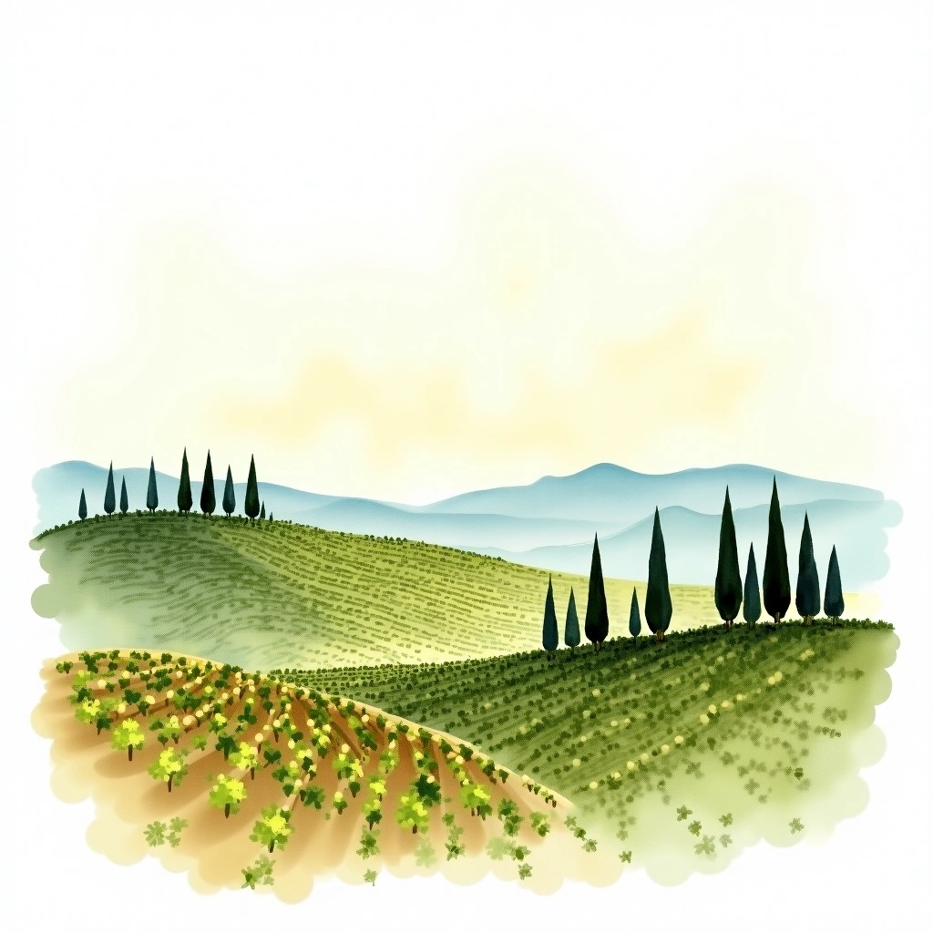Bolgheri Superiore wine region — watercolor illustration