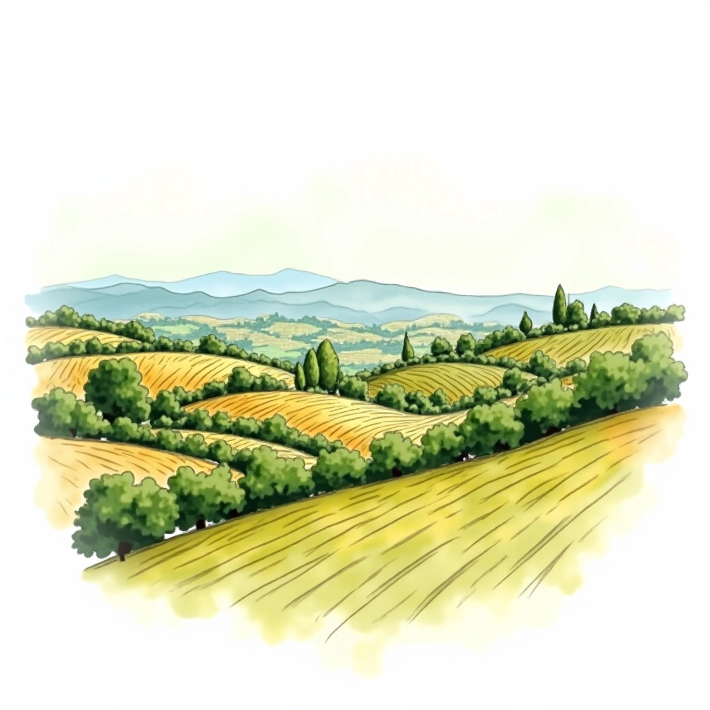 Côtes-du-Rhône-Villages 'Plan de Dieu' wine region — watercolor illustration