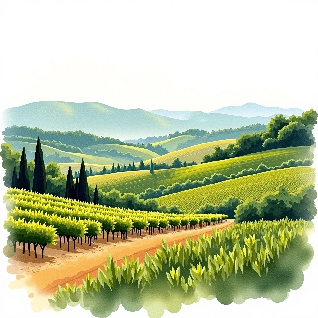 Dolcetto d'Alba wine region — watercolor illustration