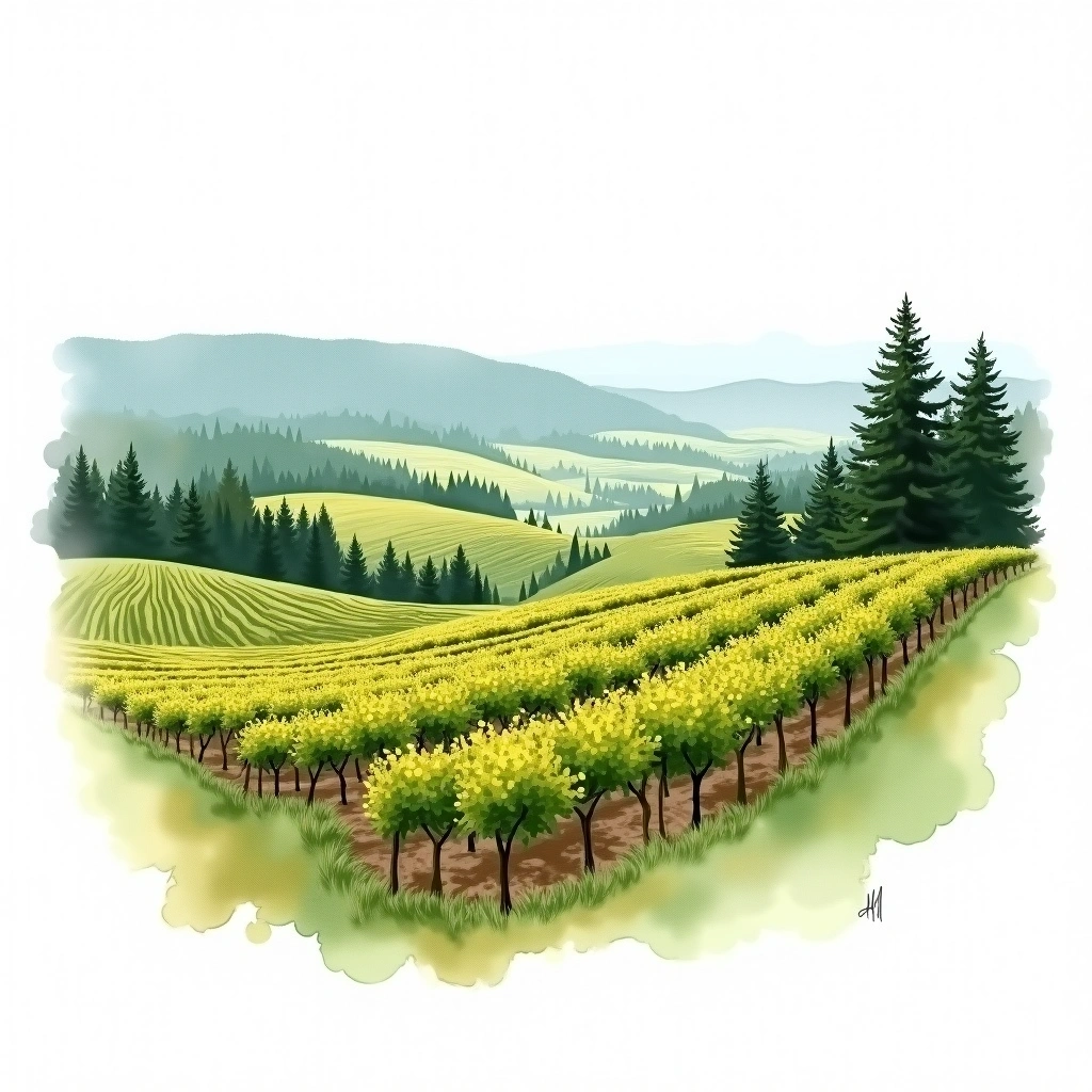 Dundee Hills wine region — watercolor illustration