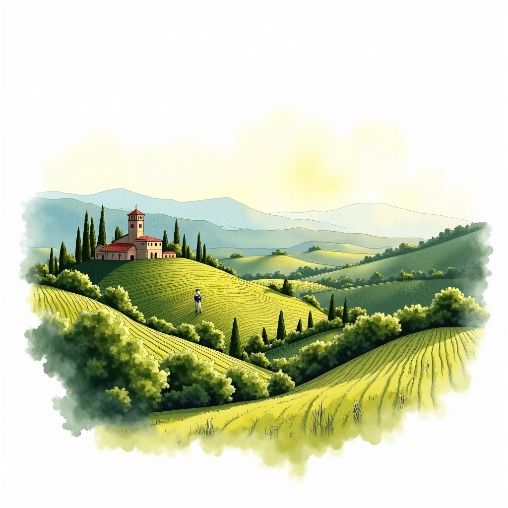 Pinerolese wine region — watercolor illustration