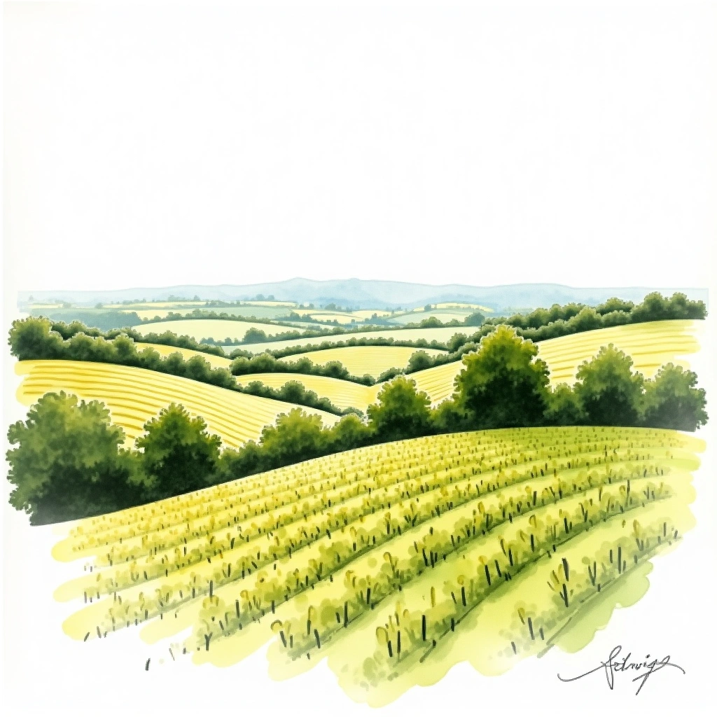 Puligny-Montrachet 1er Cru 'Les Folatières' wine region — watercolor illustration