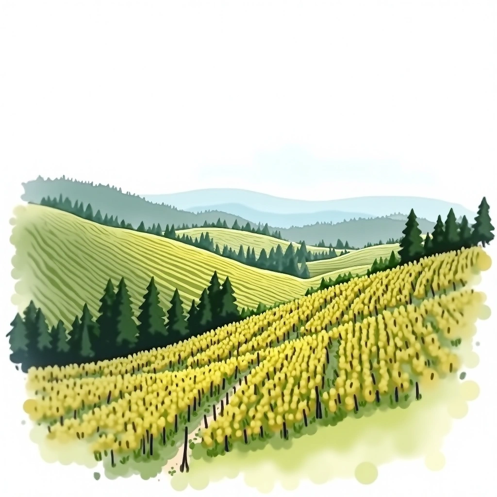 Ribbon Ridge wine region — watercolor illustration