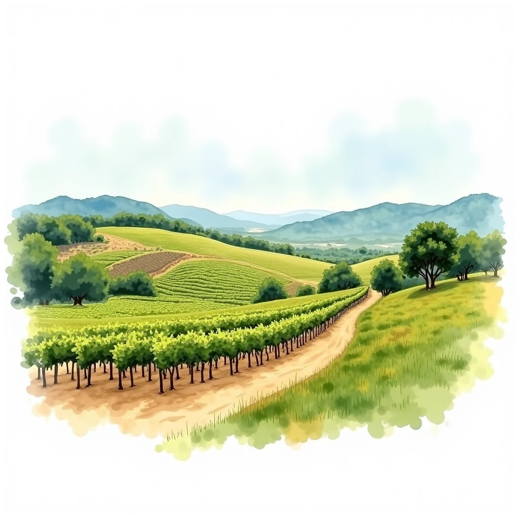 San Antonio Valley (CL) wine region — watercolor illustration