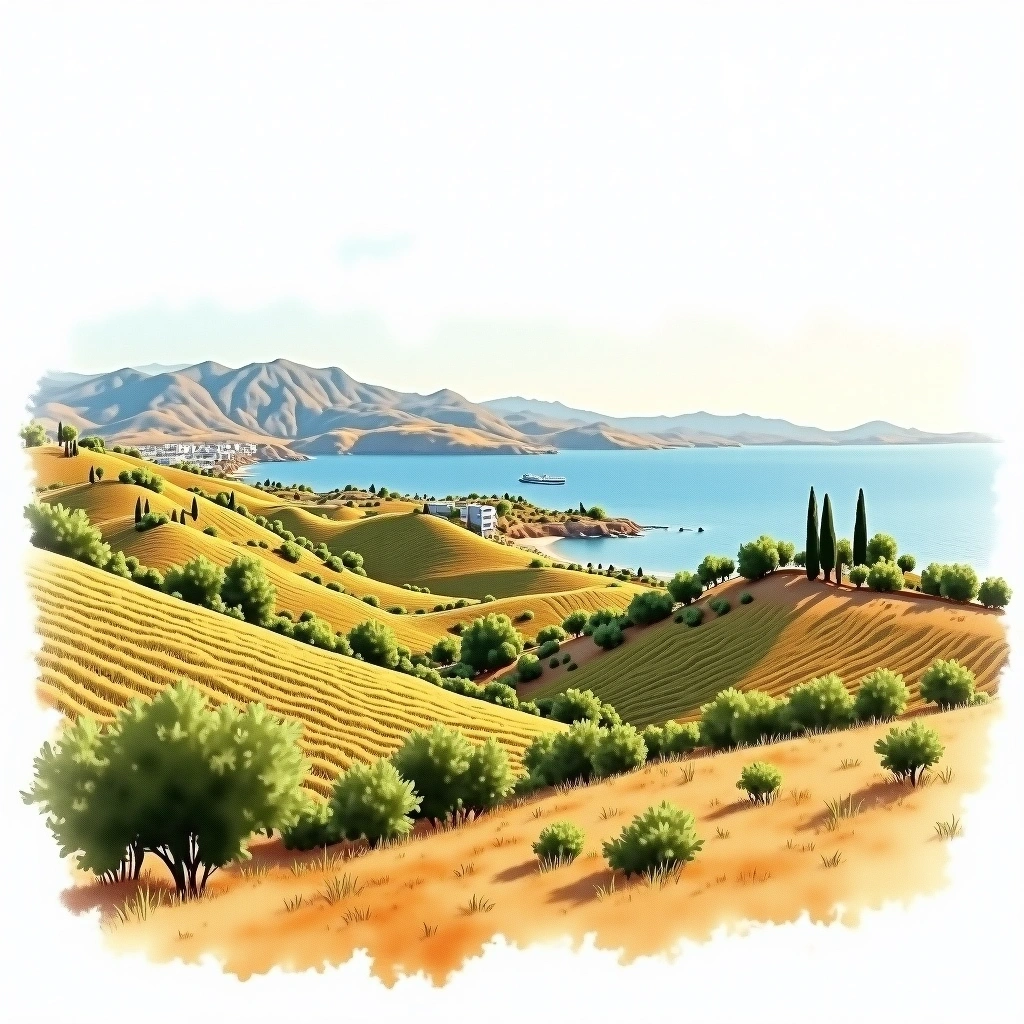 Santorini wine region — watercolor illustration