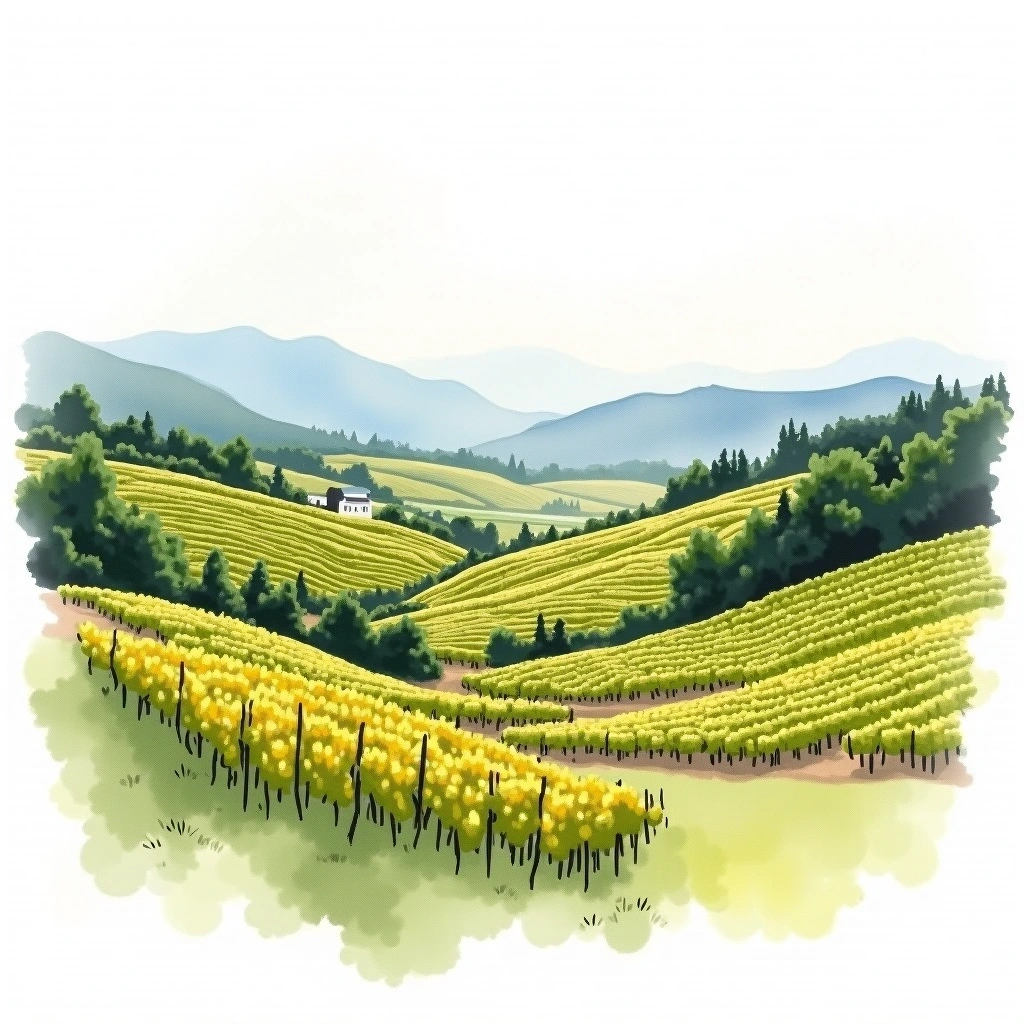 South Island wine region — watercolor illustration