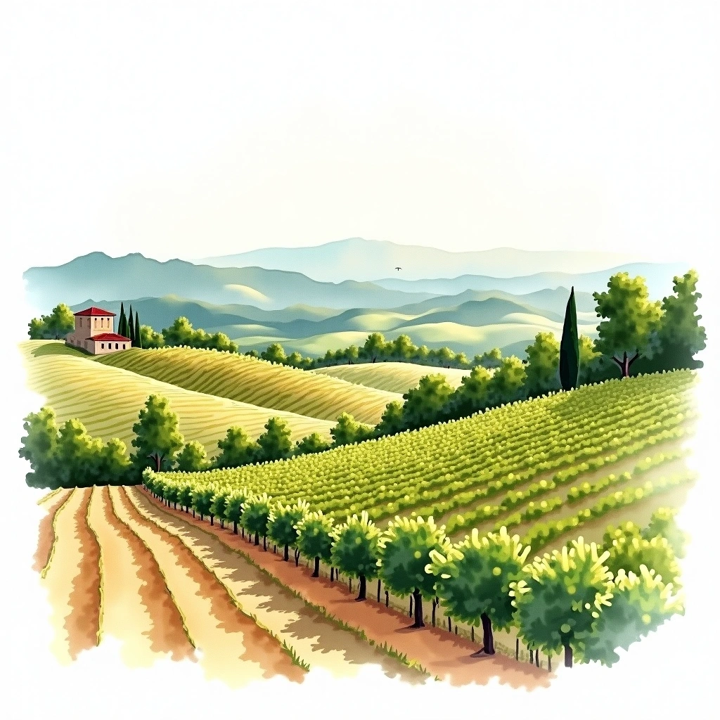 Vino Nobile di Montepulciano wine region — watercolor illustration