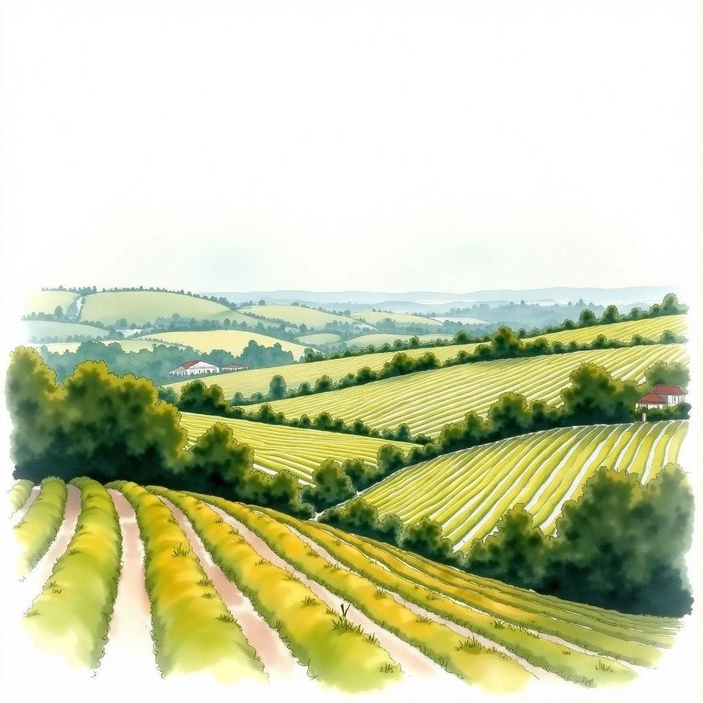 Volnay 1er Cru 'Clos des Chênes' wine region — watercolor illustration